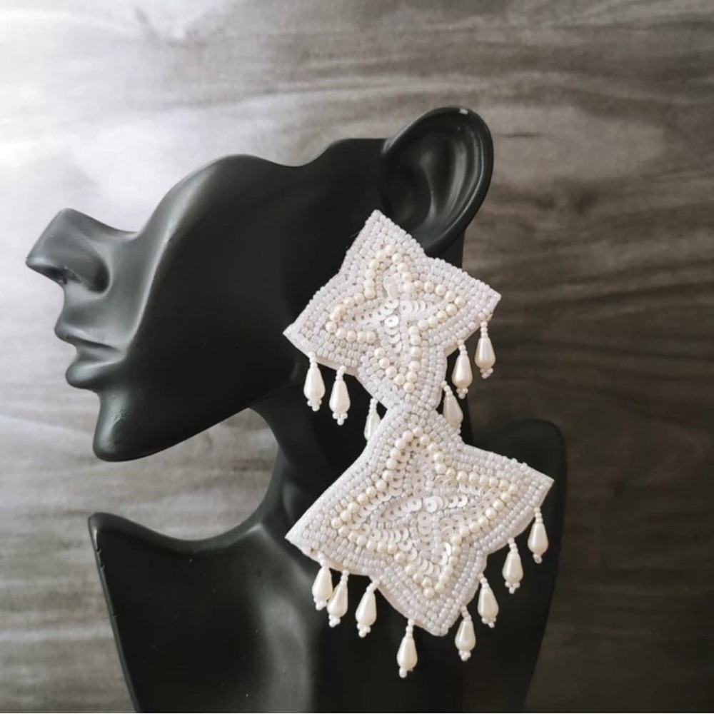 White Beaded Statement Earrings